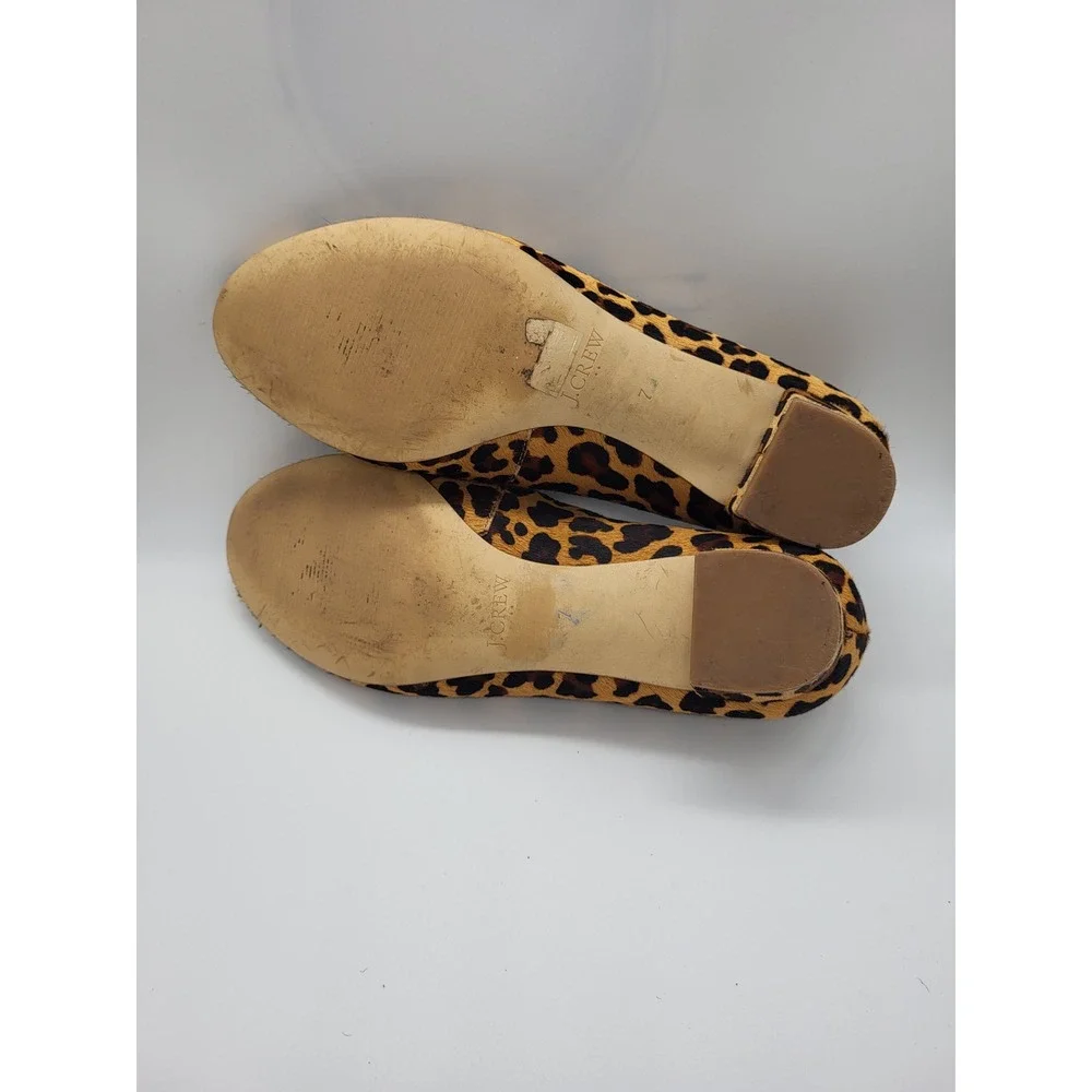J.Crew Leopard Calf Hair Flats Low Block‎ Heel Brown Animal Print Size 7 Vegan